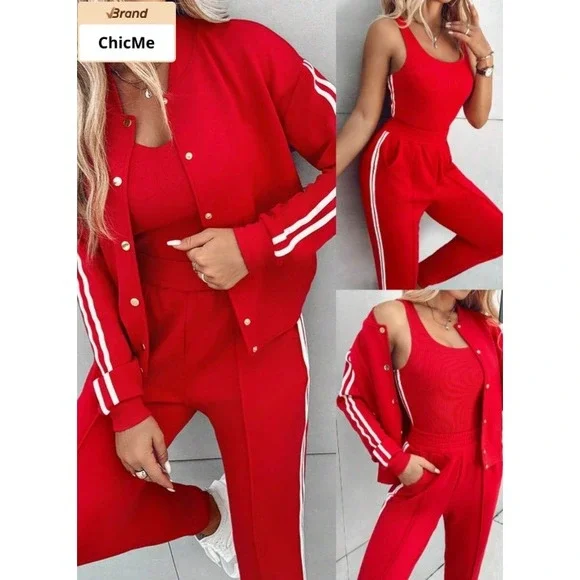 ChicMe Red 3 Piece Tracksuit Set Bomber Jacket Tank Top Joggers Stripes Size XL - Picture 1 of 11
